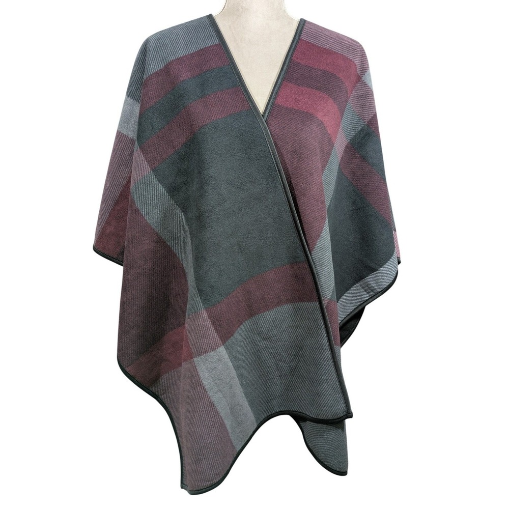 Ike‎ Behar Reversible Wrap Cape Plaid Burgundy Grey Black One Size Poncho Shawl